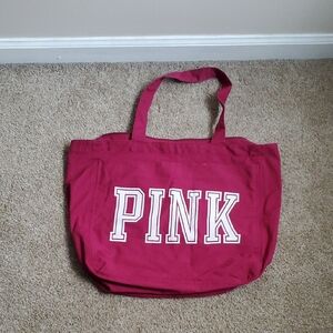 PINK Victoria's Secret Hot Pink Canvas Tote with White Logo